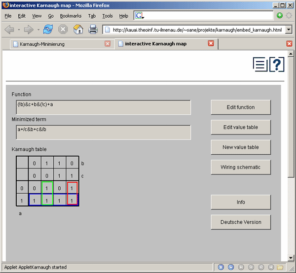 Karnaugh Map applet screen shot